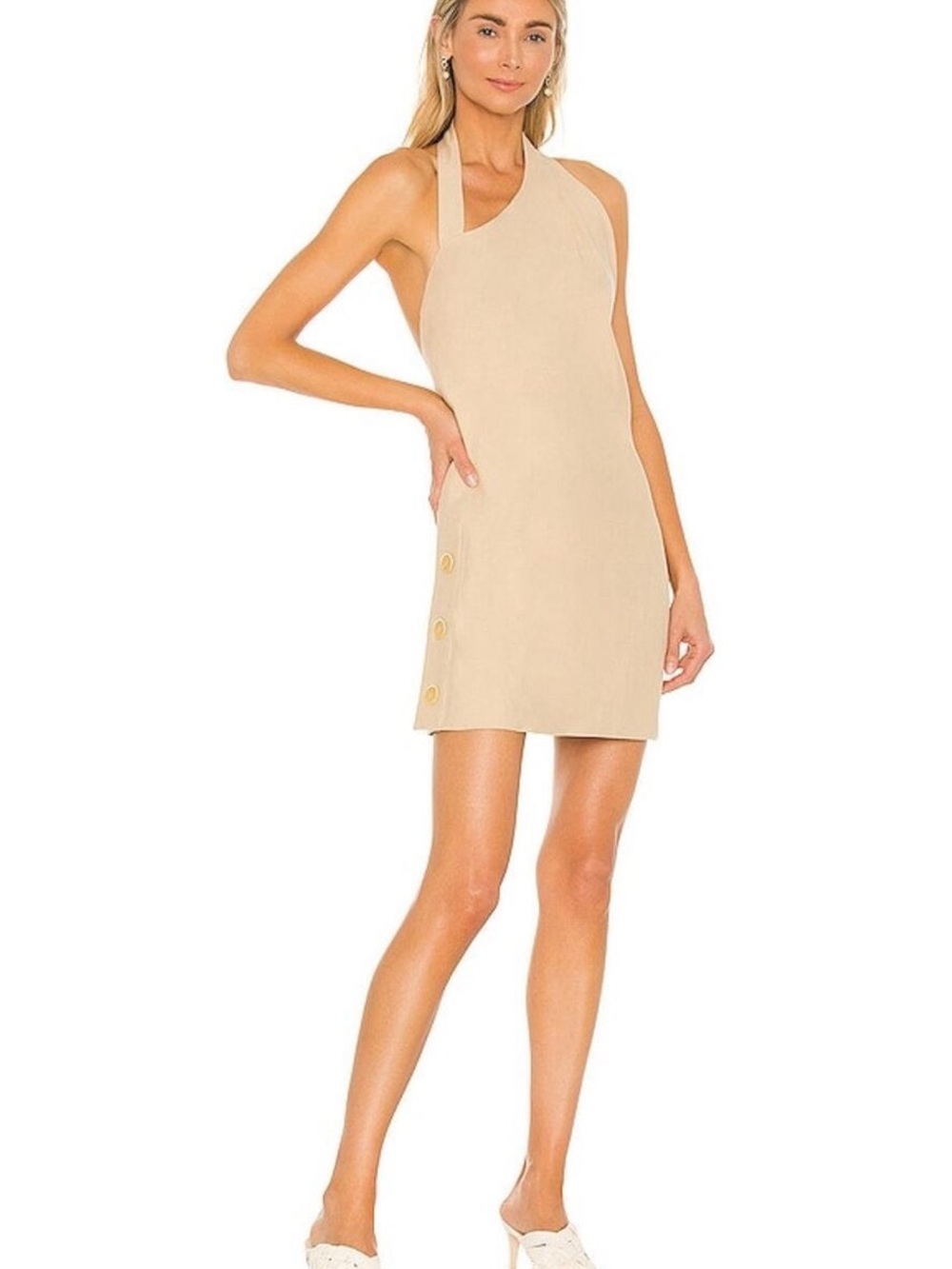 Alexis Beige Halter Mini Dress with Side Button Detail